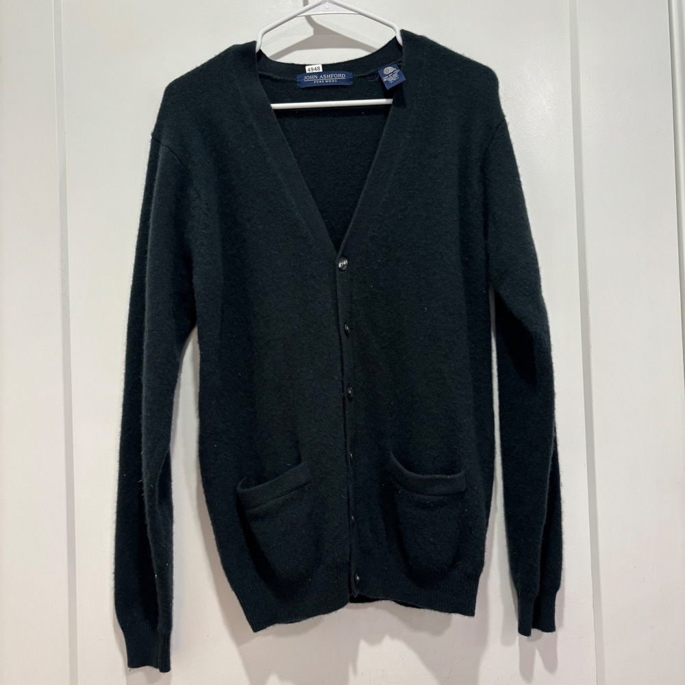 John Ashford Pure Wool Cardigan Sweater Mens Large Forest Green Button V-Neck